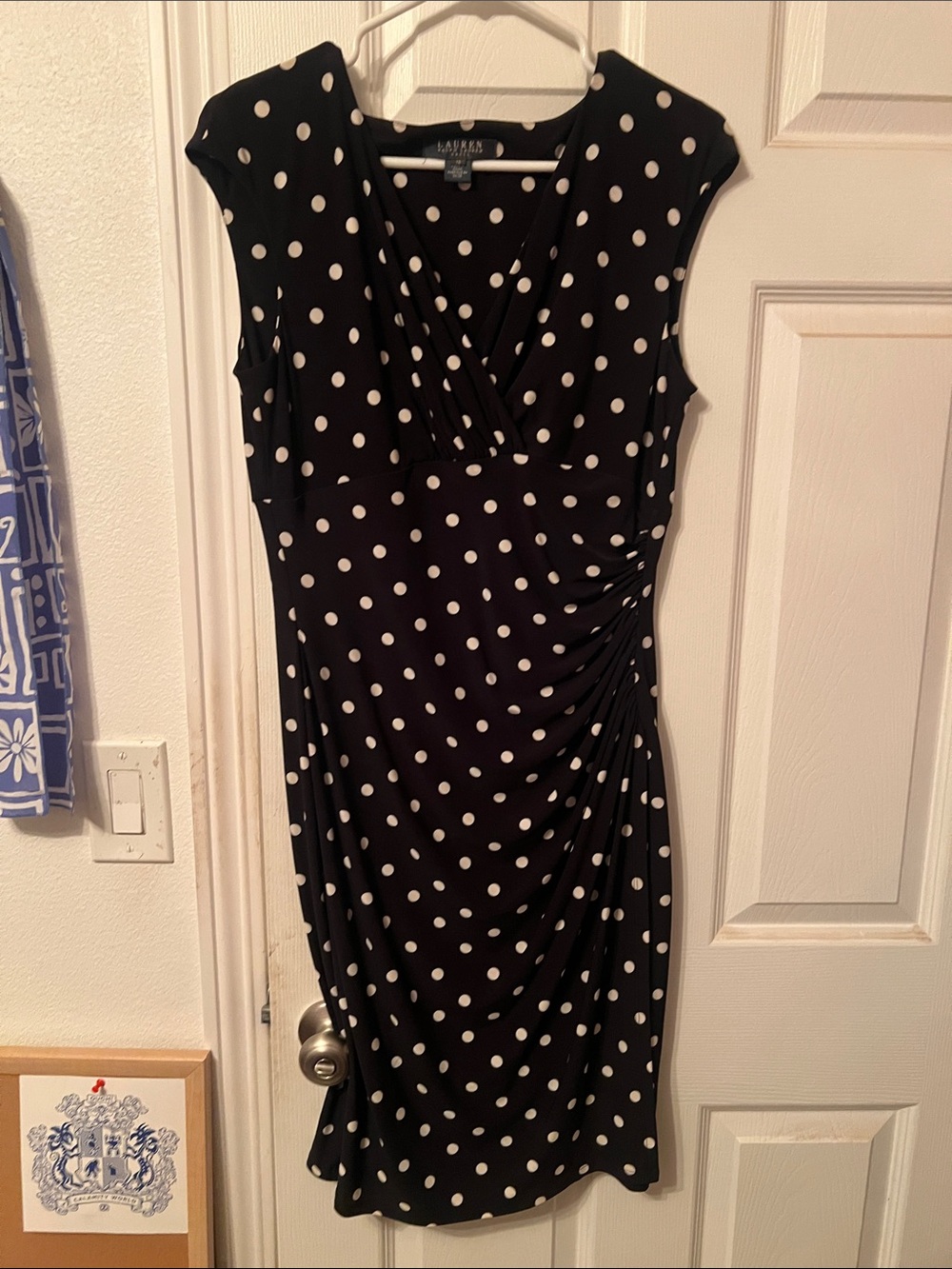 Lauren Ralph Lauren Black Polka Dot Ruched V-Neck Midi Dress